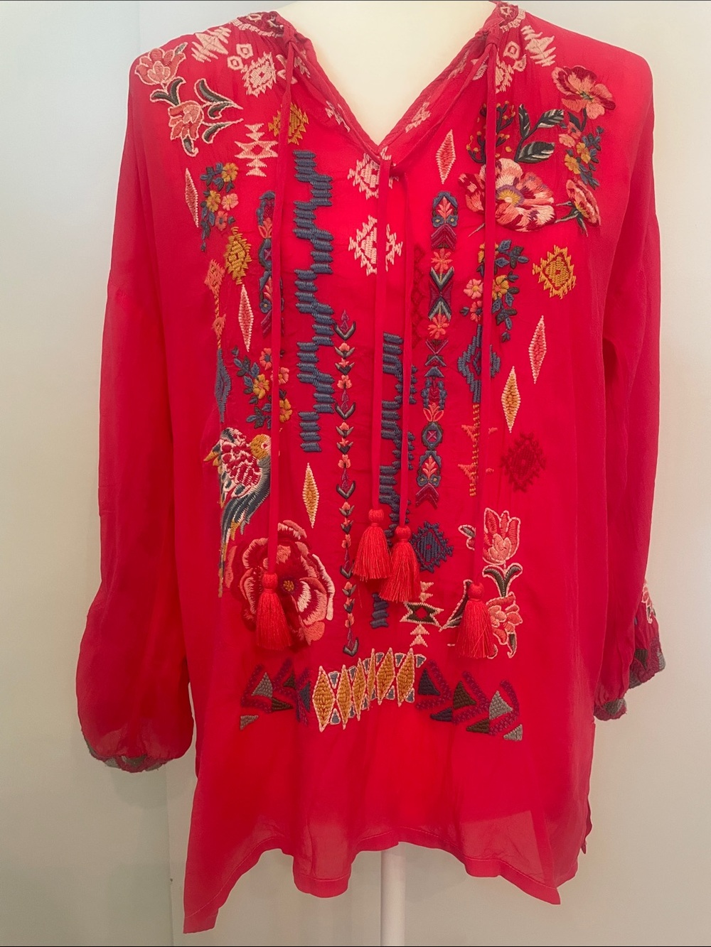 Johnny Was Red Embroidered Tassel Tunic